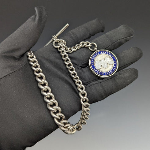 1920年代 英国アンティーク 極太 純銀(925シルバー)アルバートチェーン 75g メダルフォブ