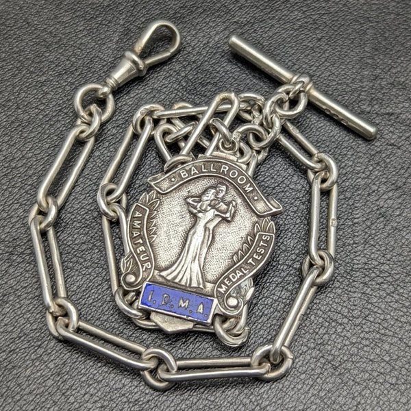 Around 1920 British Antique Pure Silver (925 Silver) Albert Chain 37g Medal Fob