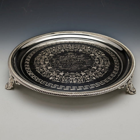 1863 British Antique Pure Silver (925 Silver) Salva Diameter 21cm 350g Hawkesworth Eyre