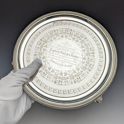 1863 British Antique Pure Silver (925 Silver) Salva Diameter 21cm 350g Hawkesworth Eyre