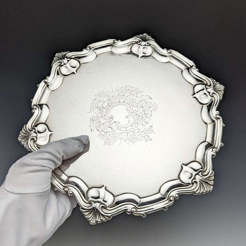 1904 British Antique Pure Silver (925 Silver) Salva Diameter 24.5cm 454g William Hutton