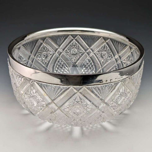 Frutero de cristal tallado con borde de plata esterlina, antigüedad británica de 1910, 1853 g, John Grinsell & Sons