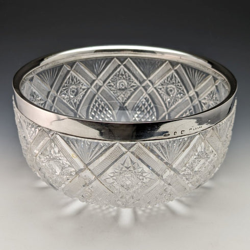 1910 年英國古董純銀邊緣切割玻璃水果碗 1853 克 John Grinsell & Sons