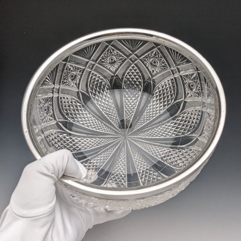 1910 年英國古董純銀邊緣切割玻璃水果碗 1853 克 John Grinsell & Sons