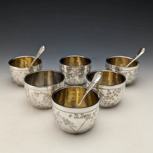 1884年 英国アンティーク 純銀(925シルバー) ソルトセラー6個 & スプーン3個セット 計184g Wakely & Wheeler