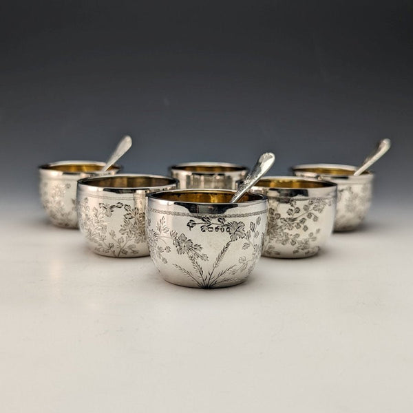 1884 British Antique Pure Silver (925 Silver) Set of 6 Salt Cellars & 3 Spoons Total 184g Wakely & Wheeler