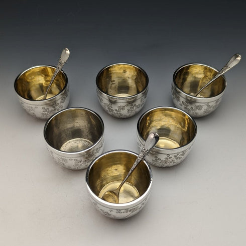 1884年 英国アンティーク 純銀(925シルバー) ソルトセラー6個 & スプーン3個セット 計184g Wakely & Wheeler