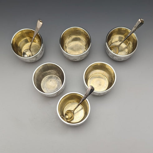 1884年 英国アンティーク 純銀(925シルバー) ソルトセラー6個 & スプーン3個セット 計184g Wakely & Wheeler