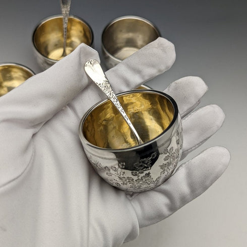 1884年 英国アンティーク 純銀(925シルバー) ソルトセラー6個 & スプーン3個セット 計184g Wakely & Wheeler