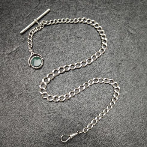 1900年頃 英国アンティーク 純銀アルバートチェーン 41g 2色天然石回転フォブ