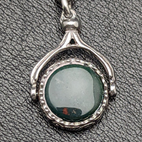 1900年頃 英国アンティーク 純銀アルバートチェーン 41g 2色天然石回転フォブ