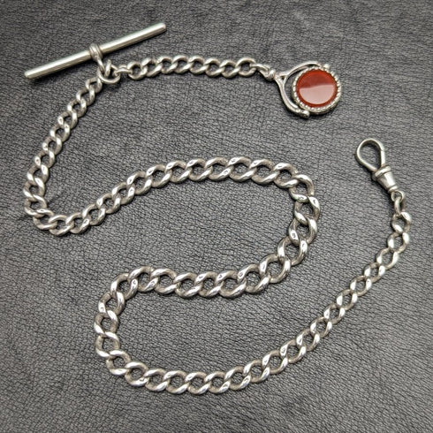 1900年頃 英国アンティーク 純銀アルバートチェーン 41g 2色天然石回転フォブ