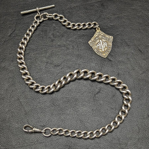 1900 年左右英國古董純銀厚阿爾伯特鏈 80 克獎章錶鍊