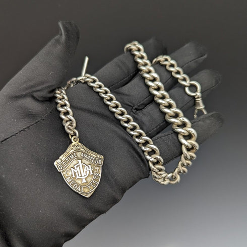 1900 年左右英國古董純銀厚阿爾伯特鏈 80 克獎章錶鍊