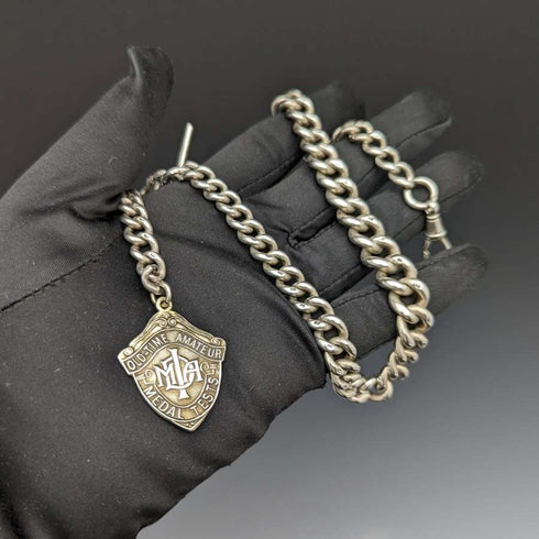 Around 1900 British Antique Pure Silver Thick Albert Chain 80g Medal Fob