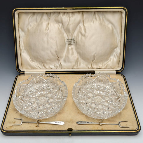 1925 British Vintage Cut Glass Bowl Pair Sterling Silver Fork Set Boxed Adie Brothers