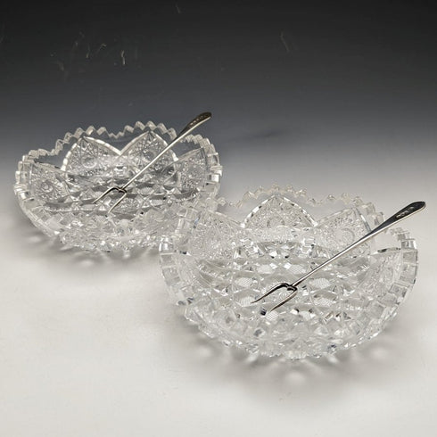 1925 British Vintage Cut Glass Bowl Pair Sterling Silver Fork Set Boxed Adie Brothers