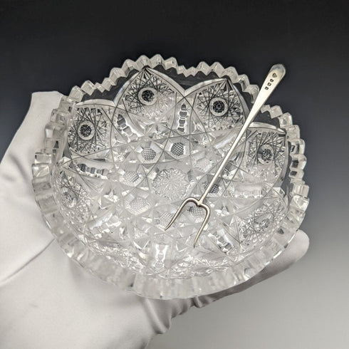 1925 British Vintage Cut Glass Bowl Pair Sterling Silver Fork Set Boxed Adie Brothers