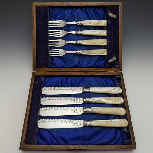 1897 British Antique Pure Silver (925 Silver) Blade MOP Handle Fish Cutlery 4x2 Set Allen & Darwin Boxed