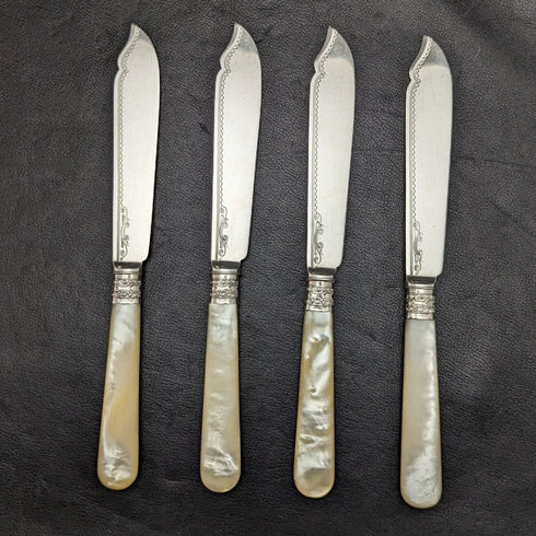 1897 British Antique Pure Silver (925 Silver) Blade MOP Handle Fish Cutlery 4x2 Set Allen & Darwin Boxed