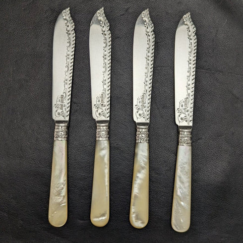 1897 British Antique Pure Silver (925 Silver) Blade MOP Handle Fish Cutlery 4x2 Set Allen & Darwin Boxed