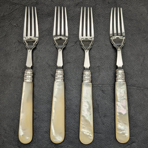 1897 British Antique Pure Silver (925 Silver) Blade MOP Handle Fish Cutlery 4x2 Set Allen & Darwin Boxed