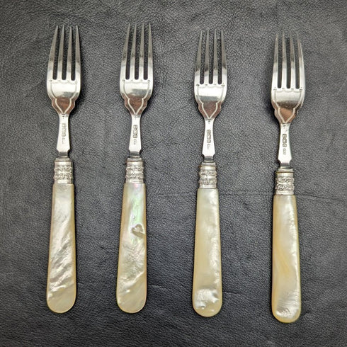 1897 British Antique Pure Silver (925 Silver) Blade MOP Handle Fish Cutlery 4x2 Set Allen & Darwin Boxed