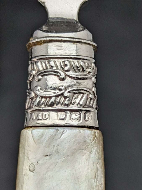 1897年 英国アンティーク 純銀(925シルバー)ブレード MOPハンドル フィッシュカトラリー4x2セット Allen & Darwin 箱入り