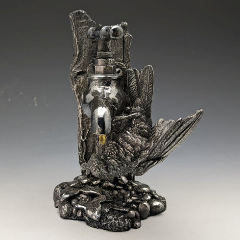 純銀雕塑小鳥和水龍頭小雕像 567 克高 15 厘米英國鄉村藝術家