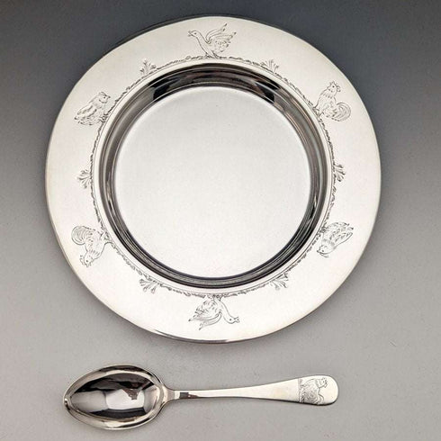 1940년경 영국 빈티지 순은 디쉬 & 스푼, 지름 17.5cm, 총 245g, Finningans 케이스 포함
