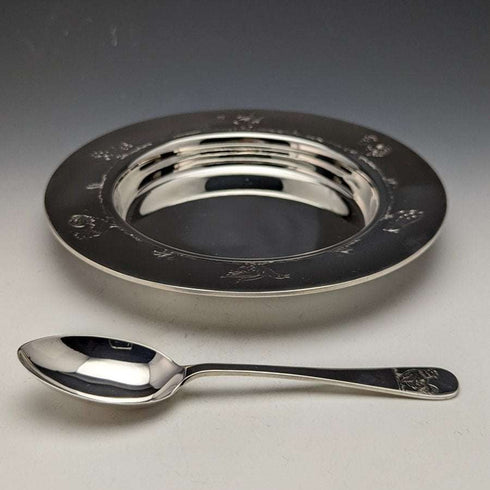 1940년경 영국 빈티지 순은 디쉬 & 스푼, 지름 17.5cm, 총 245g, Finningans 케이스 포함