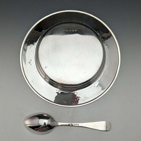 1940년경 영국 빈티지 순은 디쉬 & 스푼, 지름 17.5cm, 총 245g, Finningans 케이스 포함