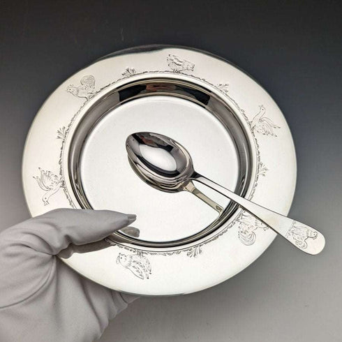 1940년경 영국 빈티지 순은 디쉬 & 스푼, 지름 17.5cm, 총 245g, Finningans 케이스 포함