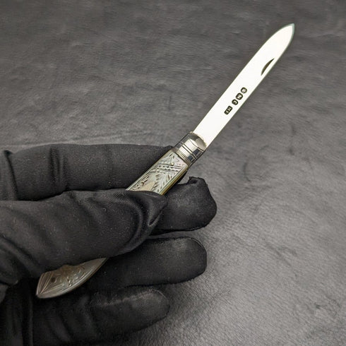 1895 年英國古董白珍珠貝殼手柄純銀刀片折疊筆刀 Mappin Brothers