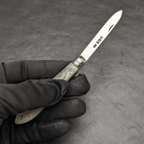 1895 British Antique White Pearl Shell Handle Pure Silver Blade Folding Pen Knife Mappin Brothers