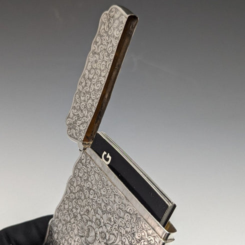 1884年 英国アンティーク 純銀(925シルバー)フローラル彫刻 カードケース 68g George Unite