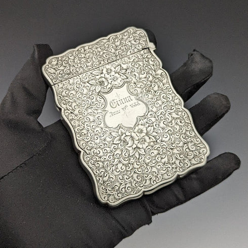 1884年 英国アンティーク 純銀(925シルバー)フローラル彫刻 カードケース 68g George Unite