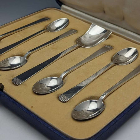 1937년 영국 빈티지 순은(925 실버) 티스푼 6개 & 슈가 쇼벨 세트 (케이스 포함) Mappin & Webb