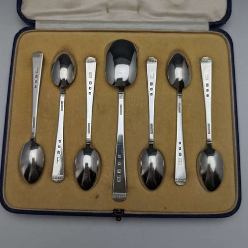 1937년 영국 빈티지 순은(925 실버) 티스푼 6개 & 슈가 쇼벨 세트 (케이스 포함) Mappin & Webb