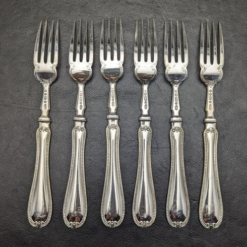 1879 British antique silver plate flat cutlery 12x2 set Elkington wooden box