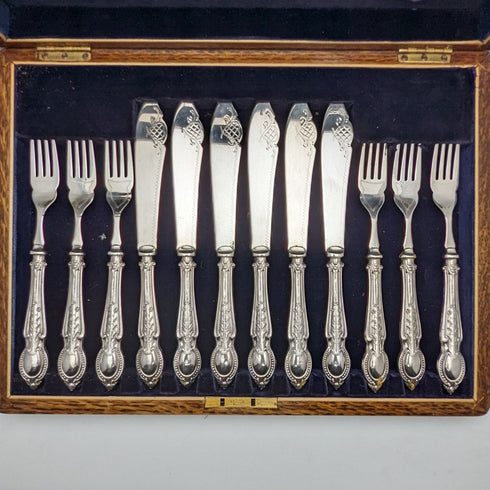 1929 British Vintage Pure Silver (925 Silver) Handle Fish Cutlery 6x2 & Server Set CH Beatson Wooden Boxed