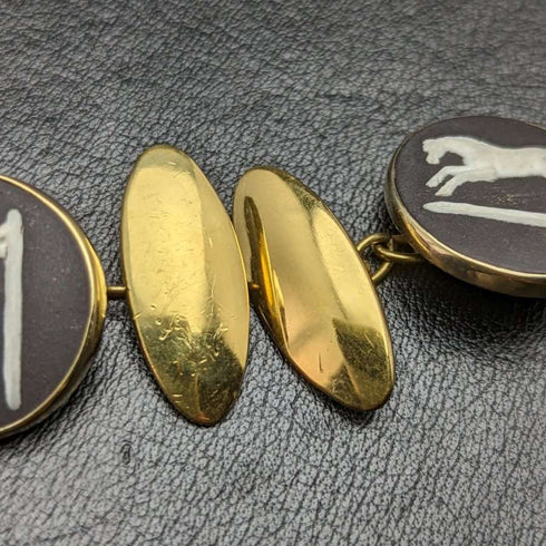British Vintage Wedgwood Horse Relief Sterling Silver Cufflinks with Gold Decoration
