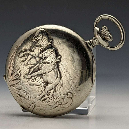 antique good operation Swiss made EHRoundly horse sculpture hunter case mechanical pocket watch