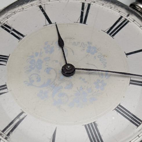 Antique Swiss made ladies' pocket watch works well floral engraving silver side case key winding