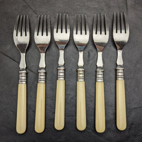 英国アンティーク 樹脂ハンドル シルバープレート フィッシュカトラリー6x2&サーバ セット 木箱入り