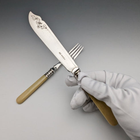 英国アンティーク 樹脂ハンドル シルバープレート フィッシュカトラリー6x2&サーバ セット 木箱入り