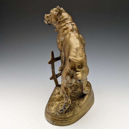 Soporte para reloj de bolsillo de bronce antiguo, circa 1900, con estatua de pitbull