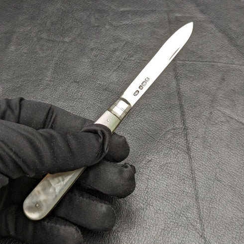 1897年 英国アンティーク 折りたたみペンナイフ 白蝶貝ハンドル 純銀ブレード