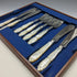 1875 British Antique Fish Cutlery Set 4x2 Sterling Silver Blade White Mother of Pearl Handle in Tray