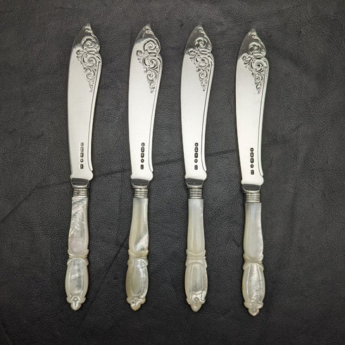 1875 British Antique Fish Cutlery Set 4x2 Sterling Silver Blade White Mother of Pearl Handle in Tray